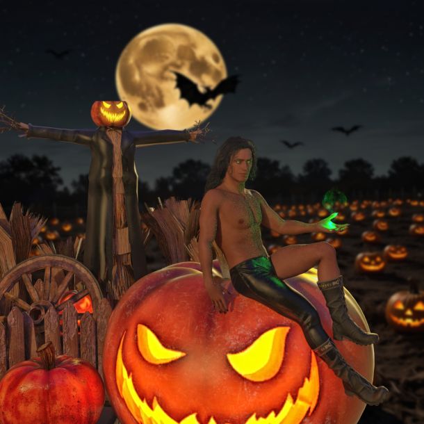 Leonardo Lightning XL eerie pumpkin patch at night with lots o 0